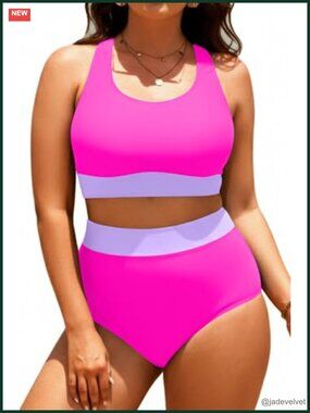 Plus Size High Waisted Bikini Set Scoop Neck Sporty Bathing Suit